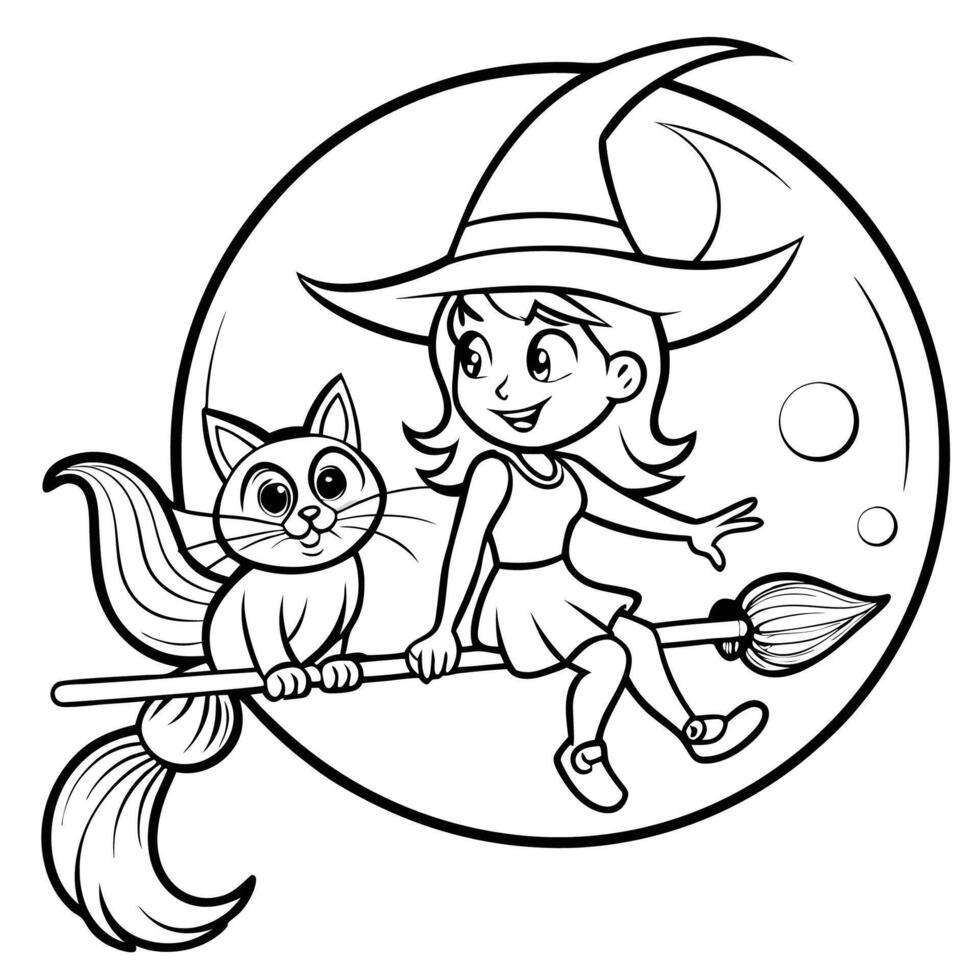 Spooky Silhouette of Witch and Black Cat Riding Broomstick on Moonlit Night vector