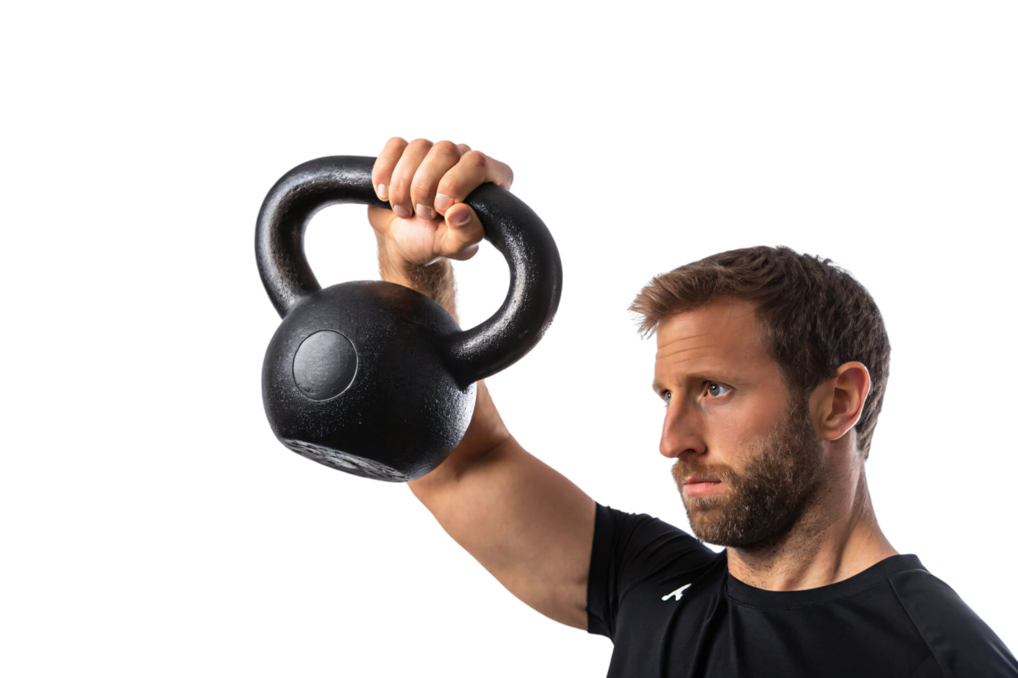 A man lifting a kettlebell in a press movement, concentration and form emphasized, promoting fitness and dedication in minimalist athletic surroundings png