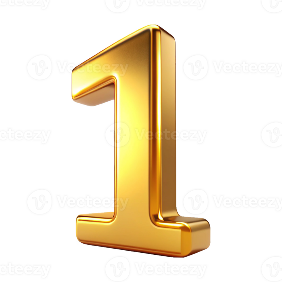 3D Golden Number one with Metallic Reflection and Shiny Font Design, One 3d gold icon png