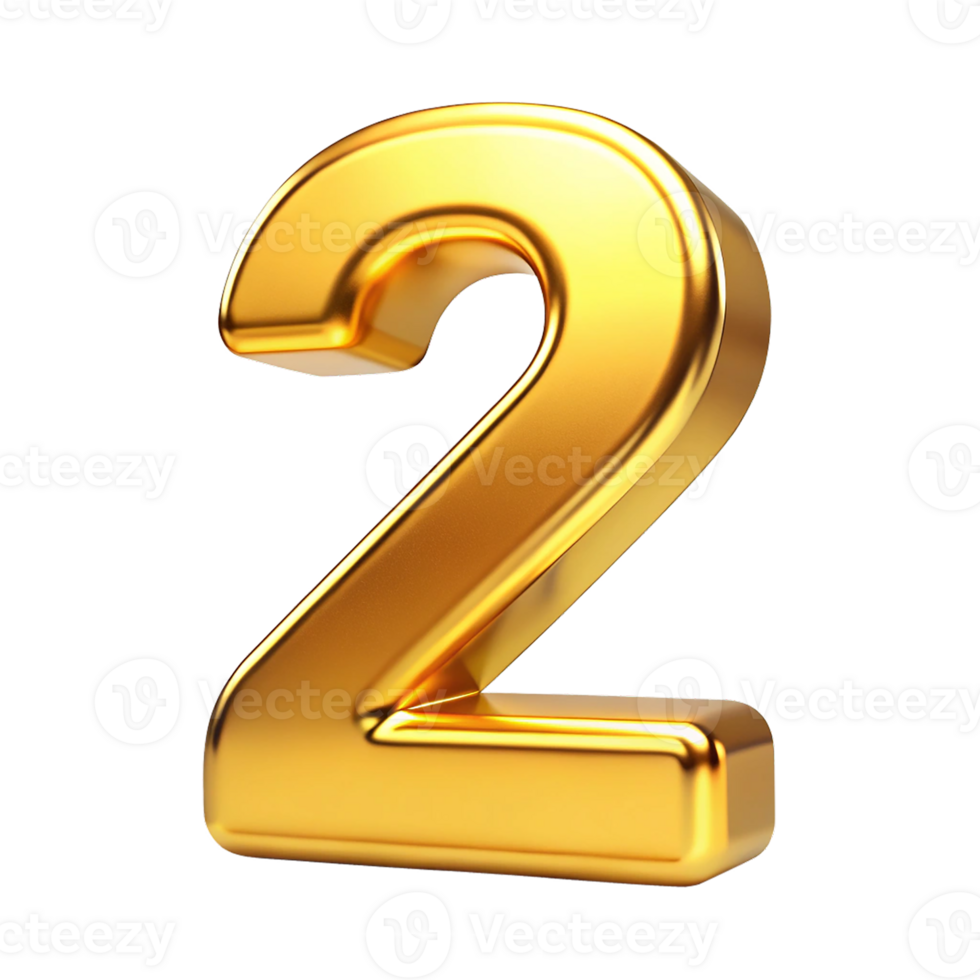 3D Golden Number two with Metallic Reflection and Shiny Font Design, Two 3d gold icon png