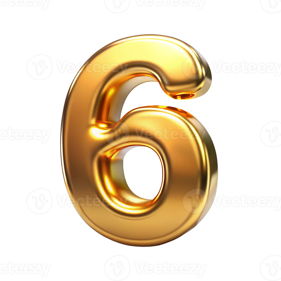 3D Golden Number Six with Metallic Reflection and Shiny Font Design, Six 3d gold icon png