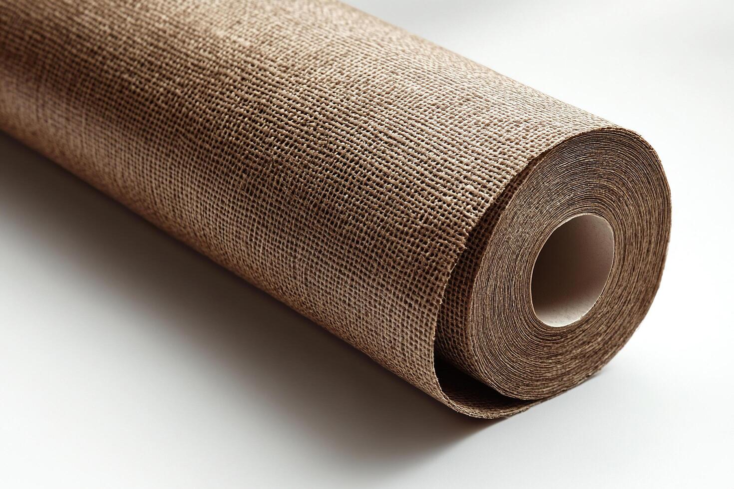 One roll of brown fabric wallpaper on a white background. Generated by artificial intelligence photo