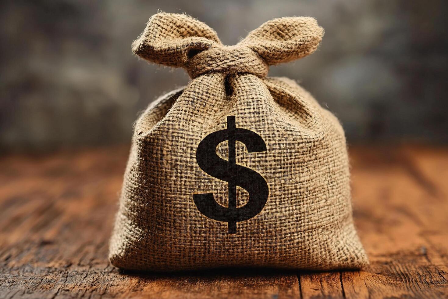 A canvas bag with a dollar sign stands on a wooden table. Business and finance concept. photo