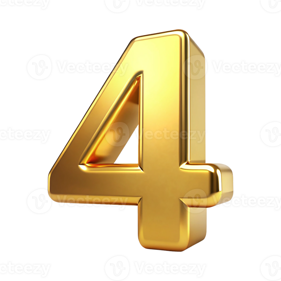 3D Golden Number four with Metallic Reflection and Shiny Font Design, Four 3d gold icon png