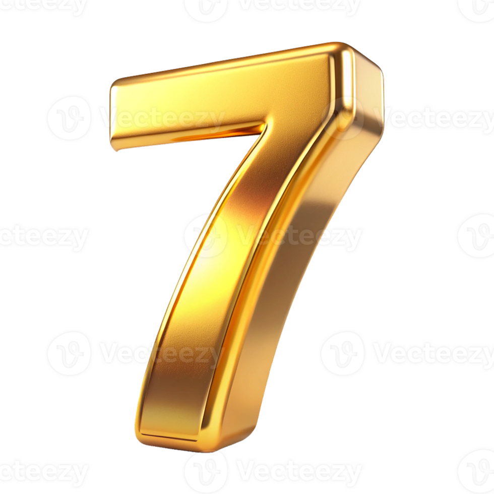 3D Golden Number seven with Metallic Reflection and Shiny Font Design, Seven 3d gold icon png
