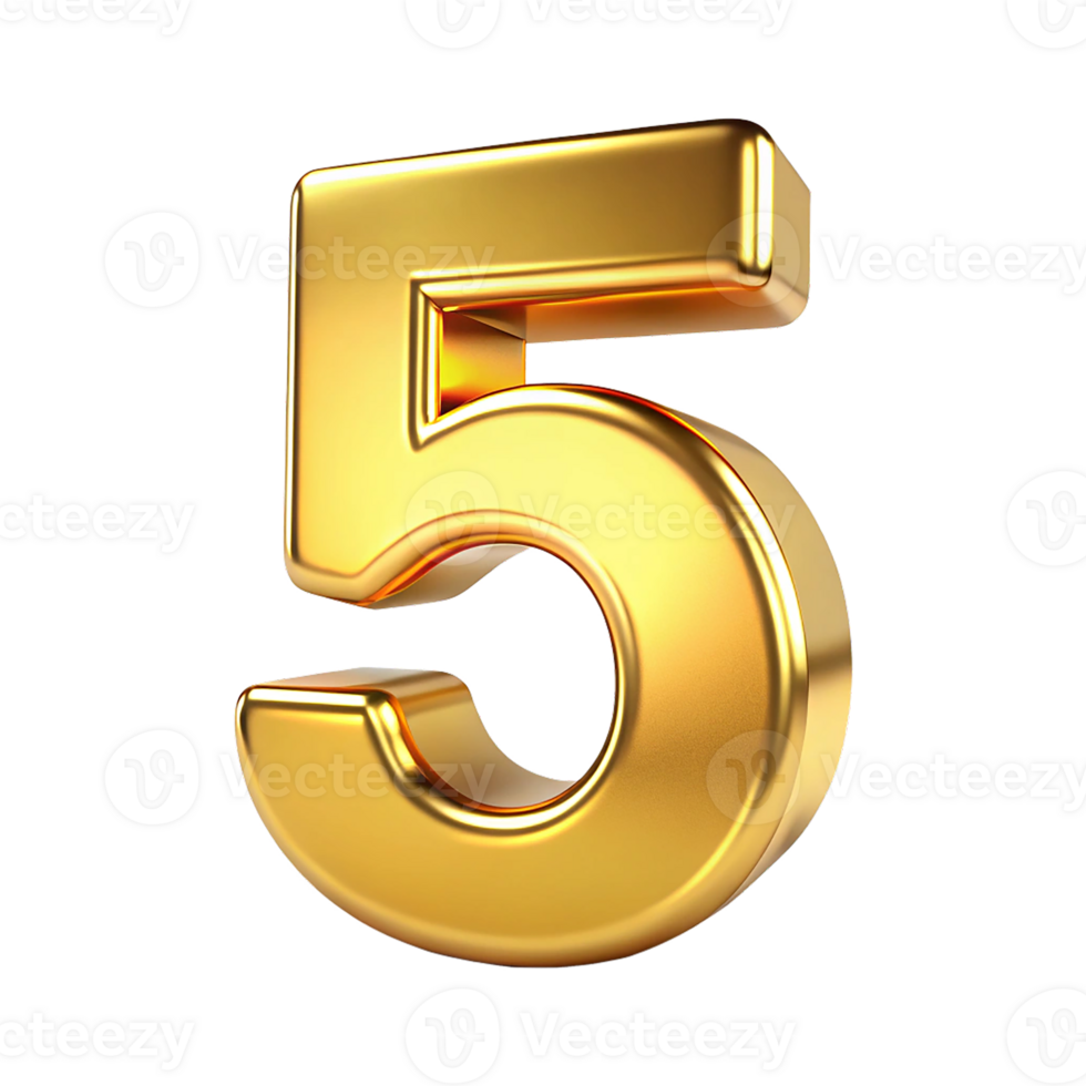 3D Golden Number five with Metallic Reflection and Shiny Font Design, Five 3d gold icon png