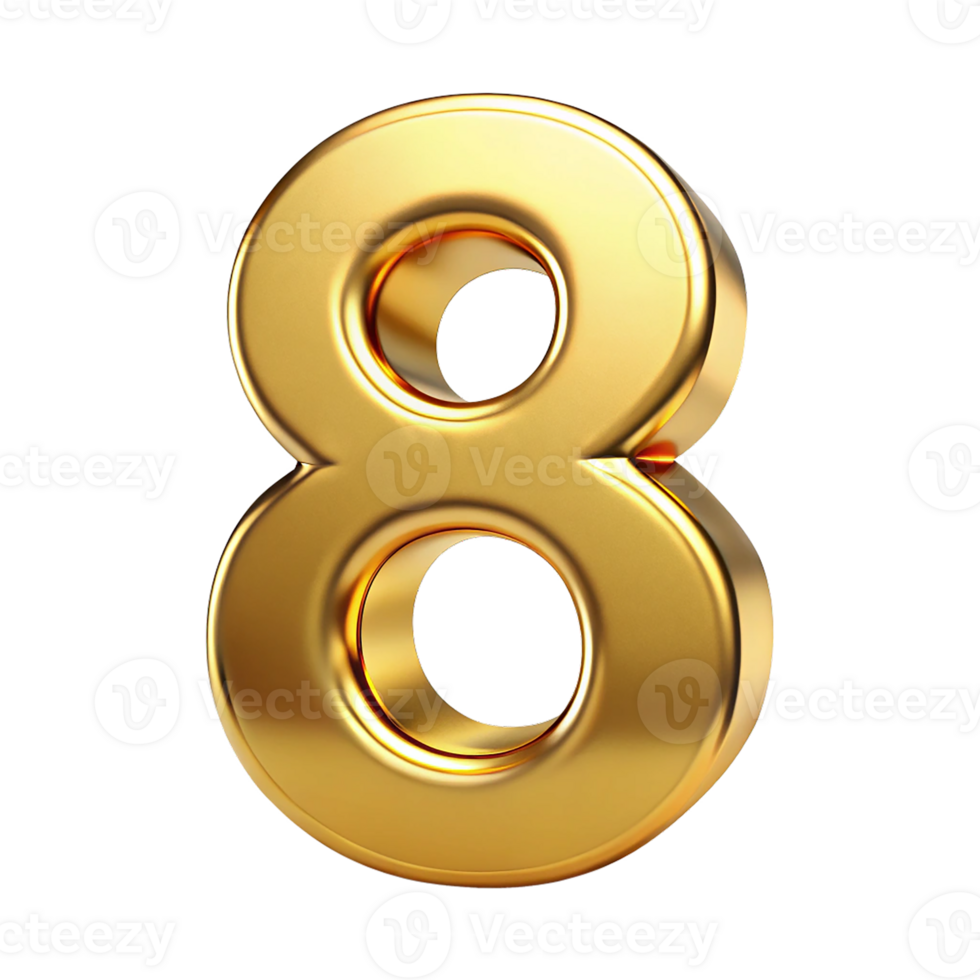 3D Golden Number eight with Metallic Reflection and Shiny Font Design, Eight 3d gold icon png