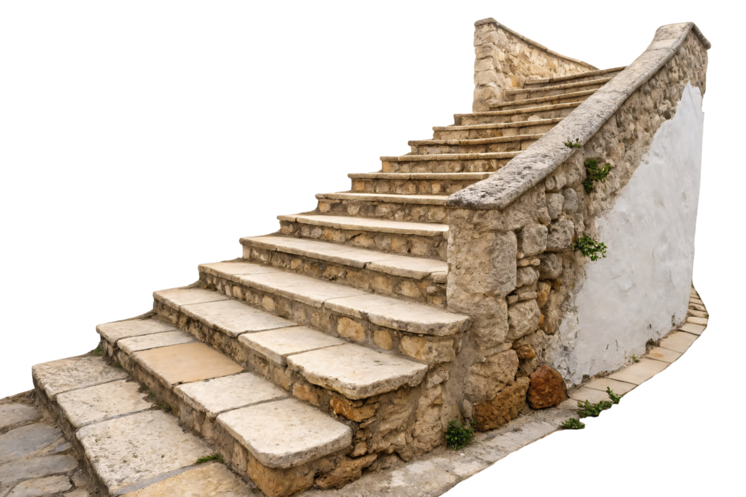 A stone staircase with greenery creeping along its edges, set against white stucco walls, showcasing rustic elegance png