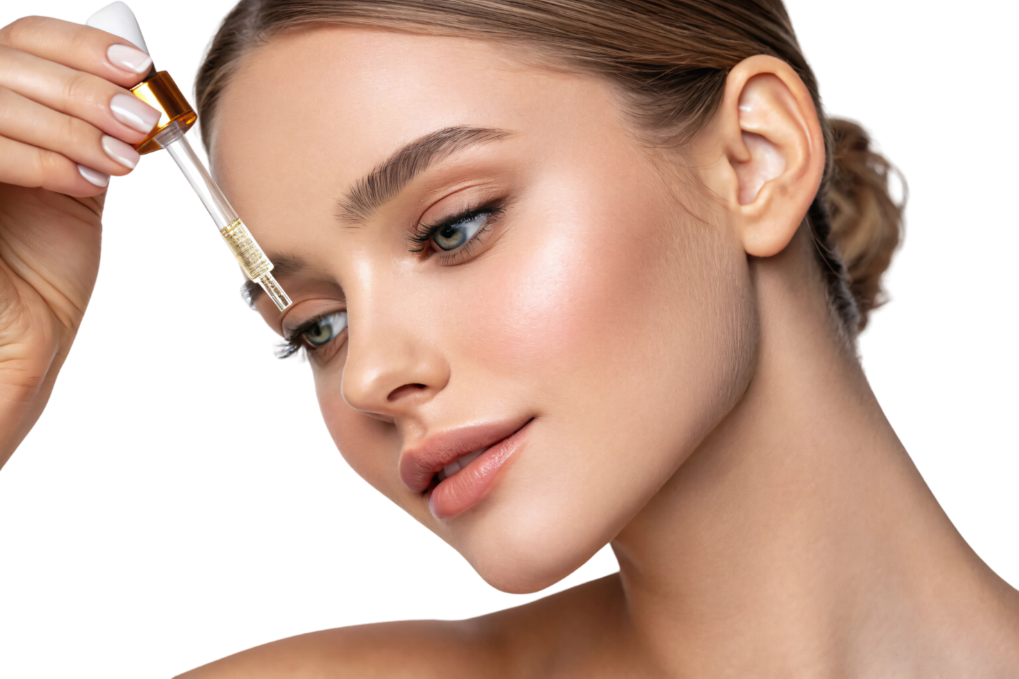 A woman applying serum with a dropper, highlighting flawless skin, beauty, and self-care. A serene expression complements the golden glow of the serum png