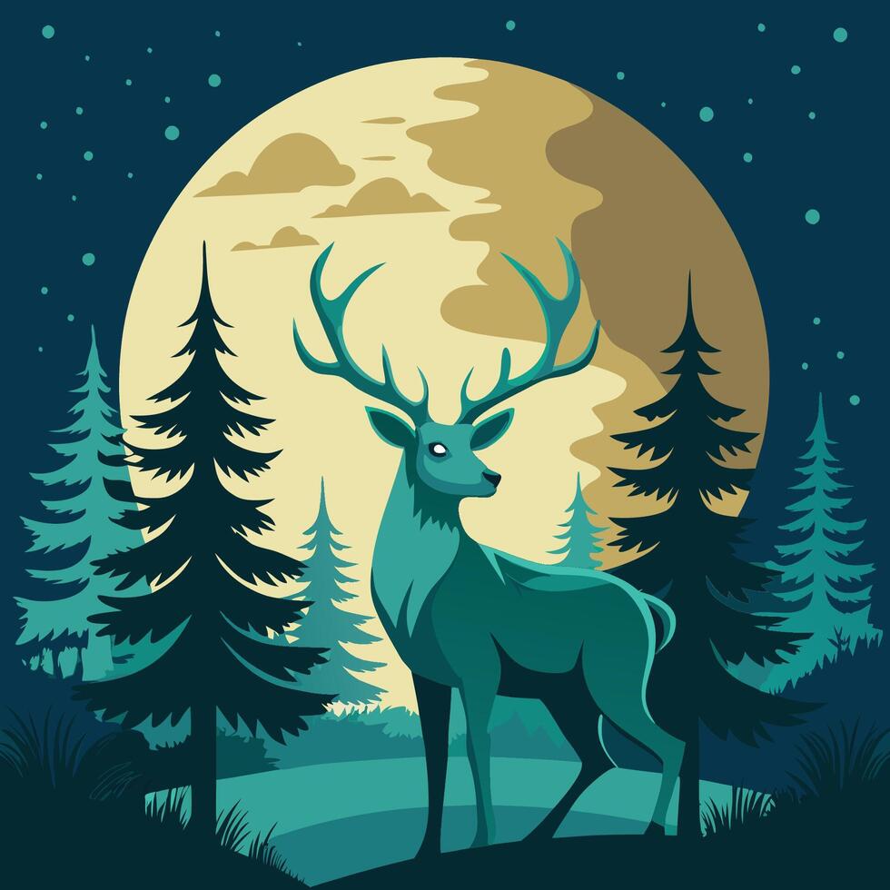 Majestic Deer Silhouetted in Moonlight Amidst a Vintage Pine Forest vector