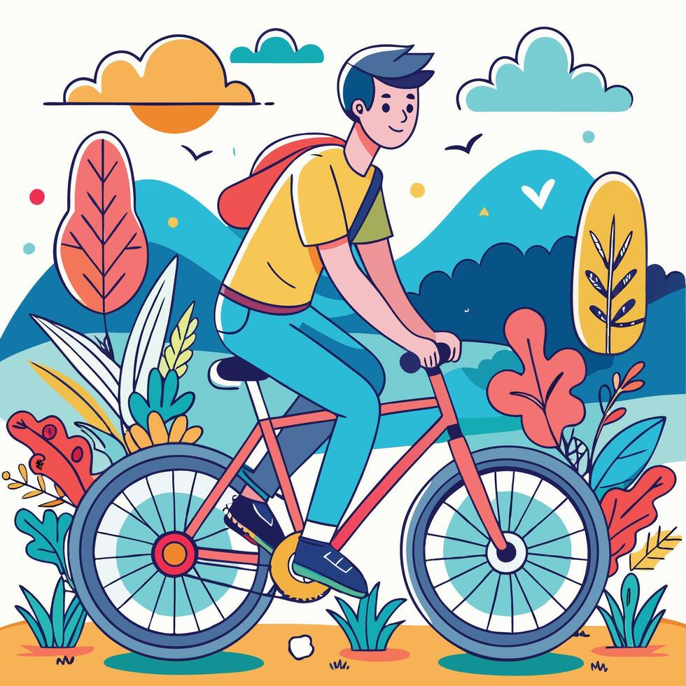 Joyous Young Man Cycling Amidst the Splendor of Nature s Embrace vector