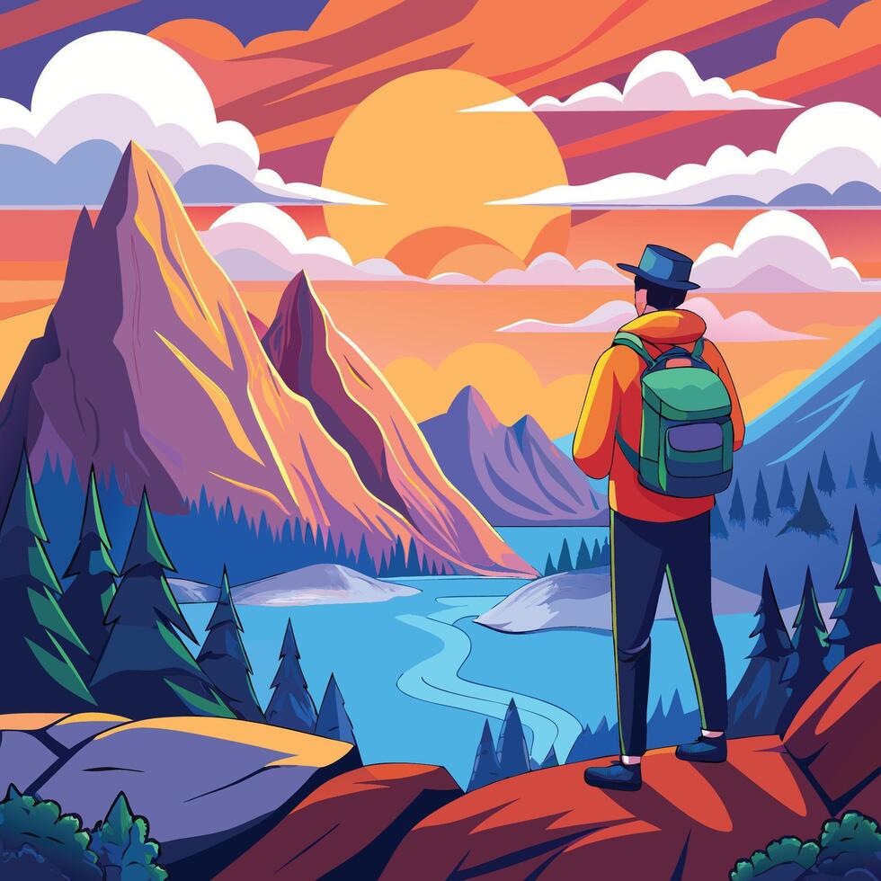 Young Backpacking Adventurer at the Edge of a Scenic Cliff Gazing at Majestic Mountains vector
