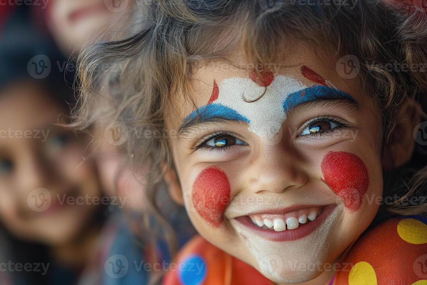 Portrait of cute smiling boy with clown makeup on his face surrounded by other children. Generated by artificial intelligence photo