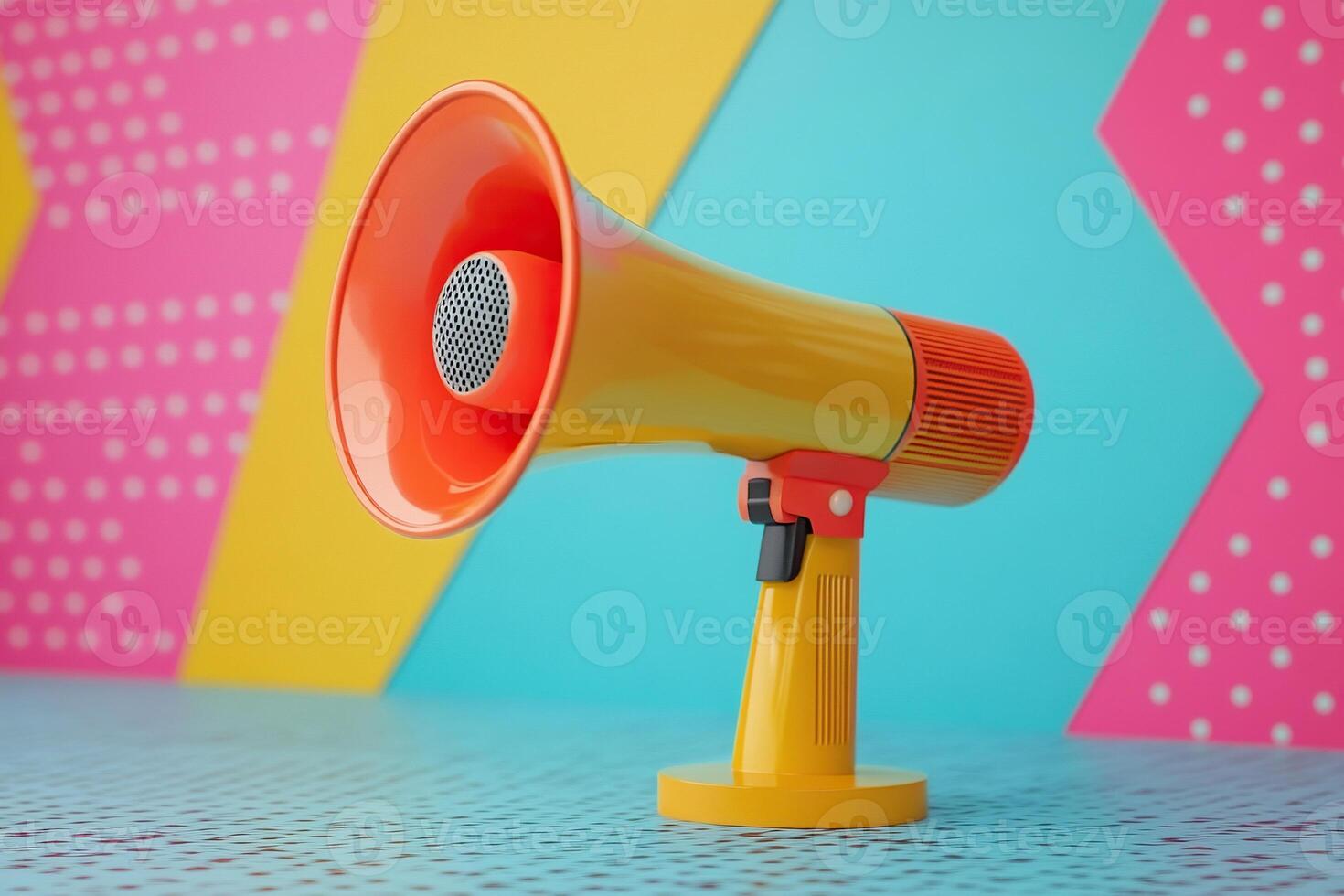 A yellow and orange megaphone is placed on a table with a bright colored background. Concept of speech, announcement, advertising. photo