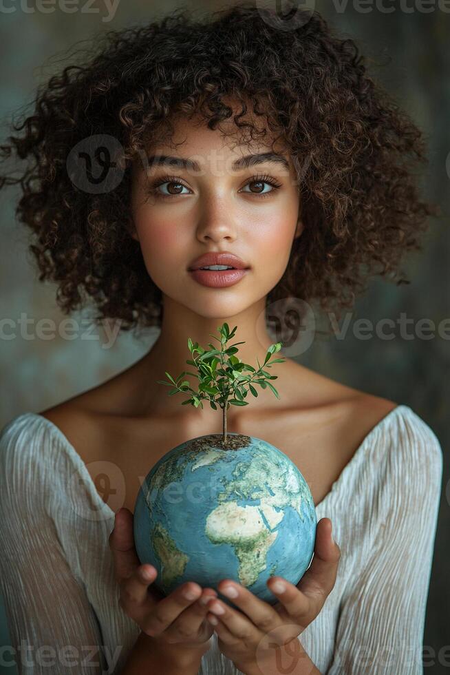 Mother Earth Day or protection of the environment of the globe. Saving the planet. A dark-skinned curly-haired woman holds a globe with a tree sprout in her hands. photo