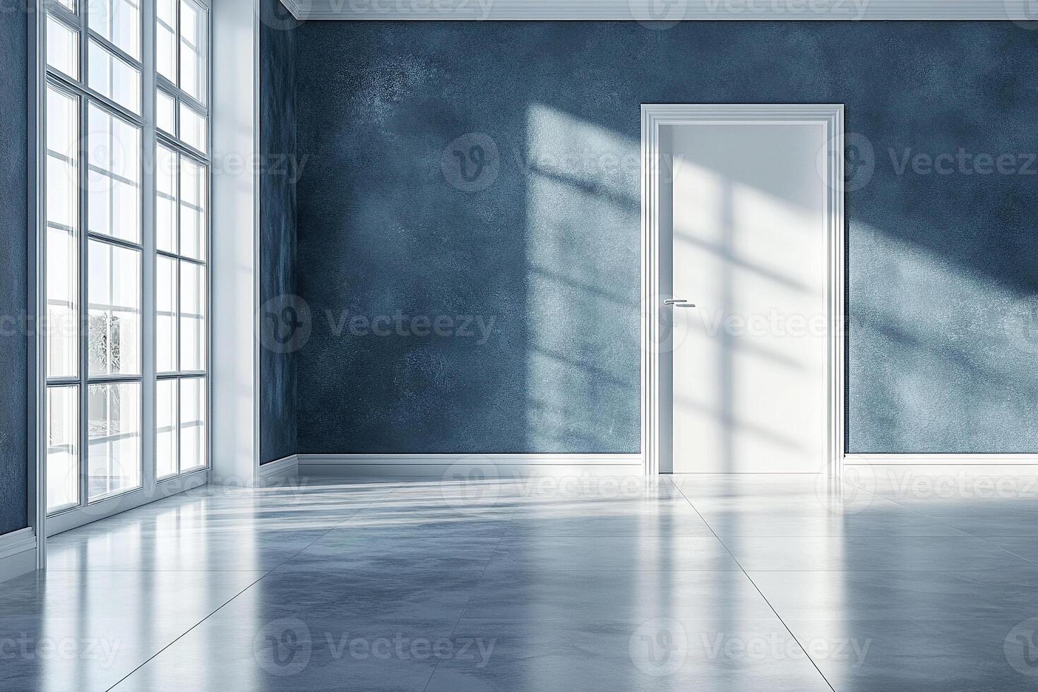 Empty room with marble tiles on the floor and blue wallpaper on the wall. White door and a large window in the wall. Interior design mockup photo