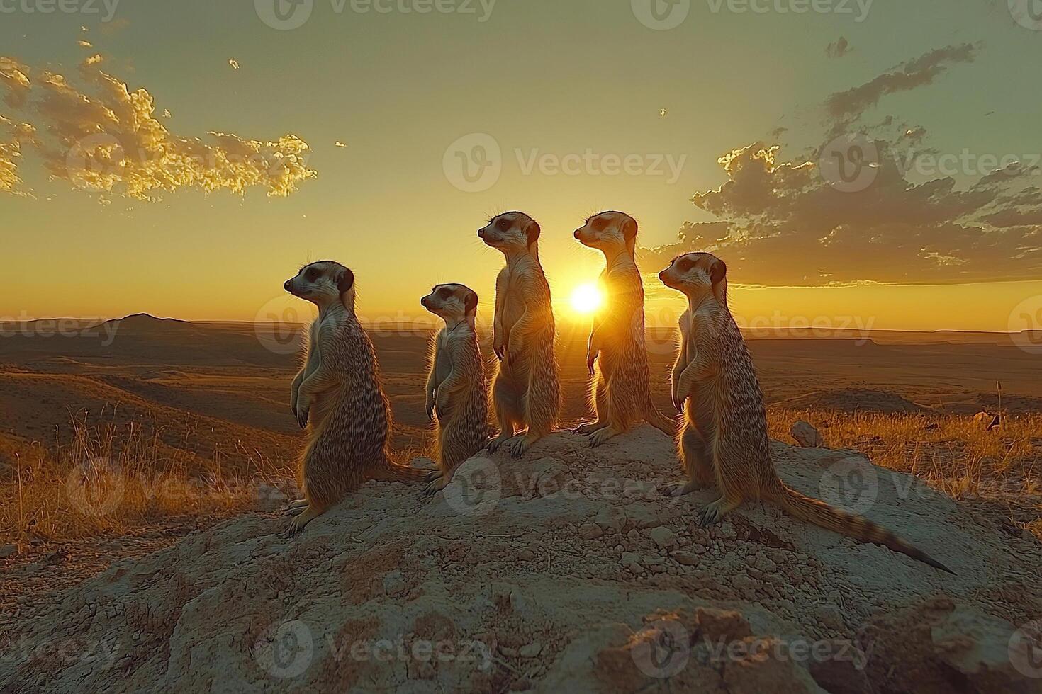 A small group of meerkats stands on their hind legs on a large rock in the savannah at dawn or dusk. Generated by artificial intelligence photo