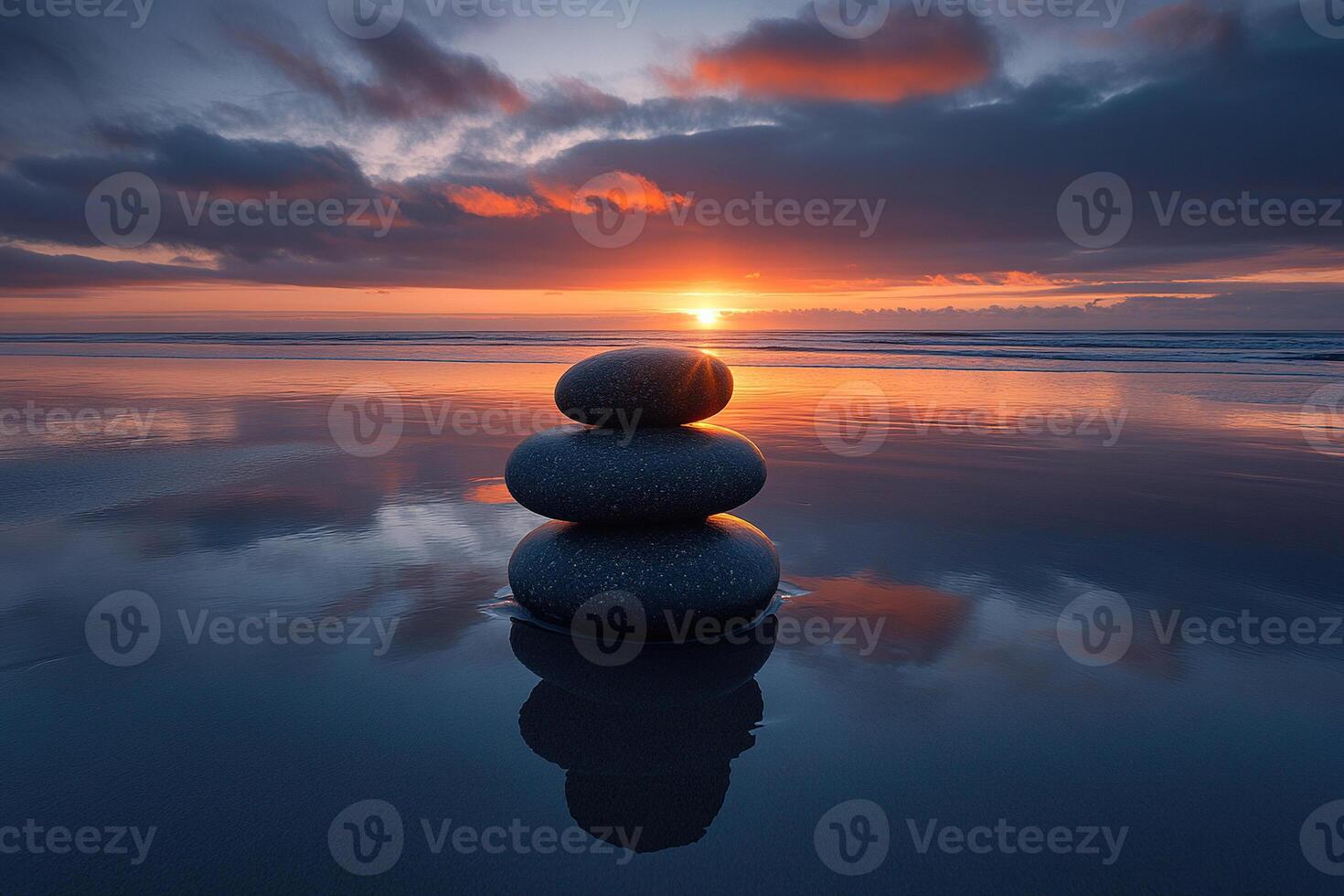Three smooth stones are stacked in a pyramid on a sandbank on the seashore overlooking a stunning sunset. Generated by artificial intelligence photo