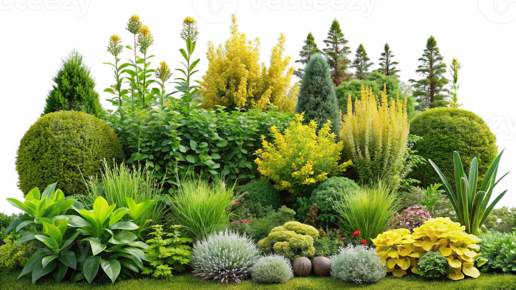 A vibrant spring landscape of green grass and flowers blooms under a soft, sunlit sky png