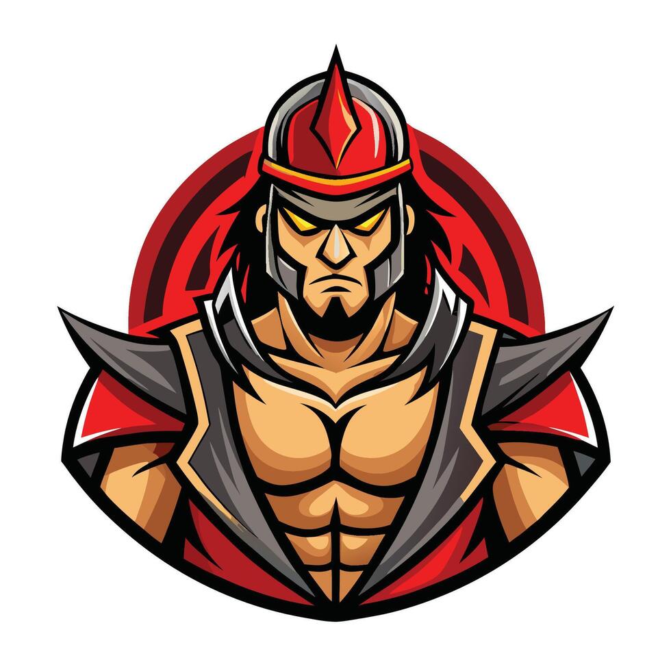 Fierce Cartoon Warrior Mascot with Sharp Sword and Mighty Stance vector