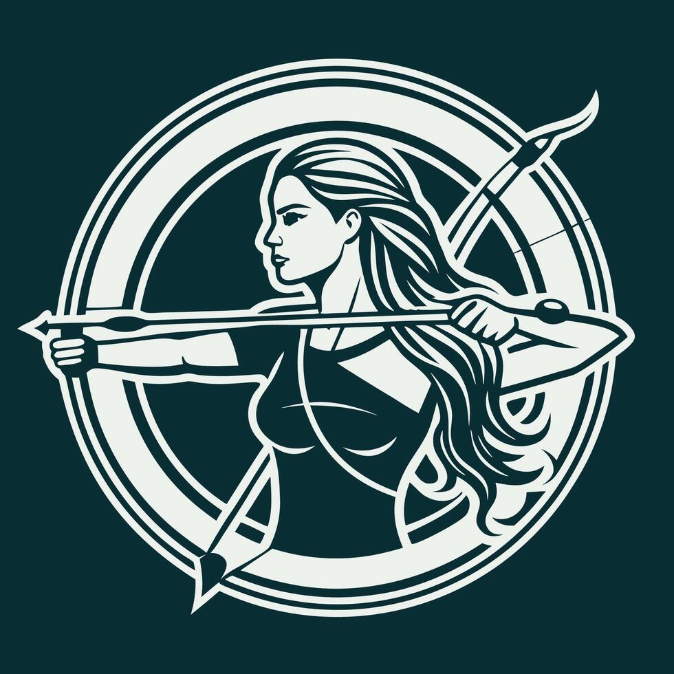 Woman Archer Aiming with Bow and Arrow in a Determined Stance vector