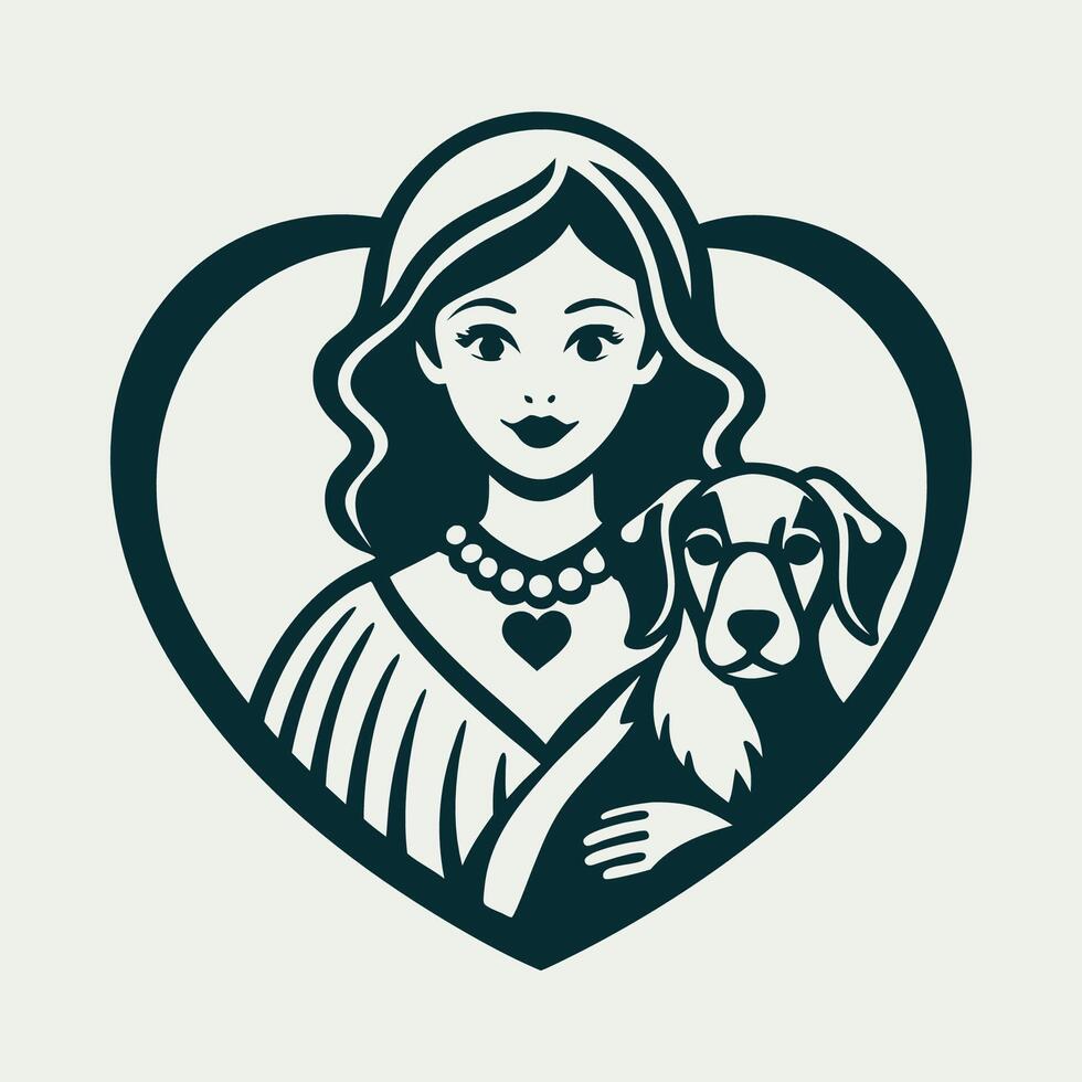 Vintage Motherhood Symbol Woman and Dog Bonding in Paw Print Logo vector