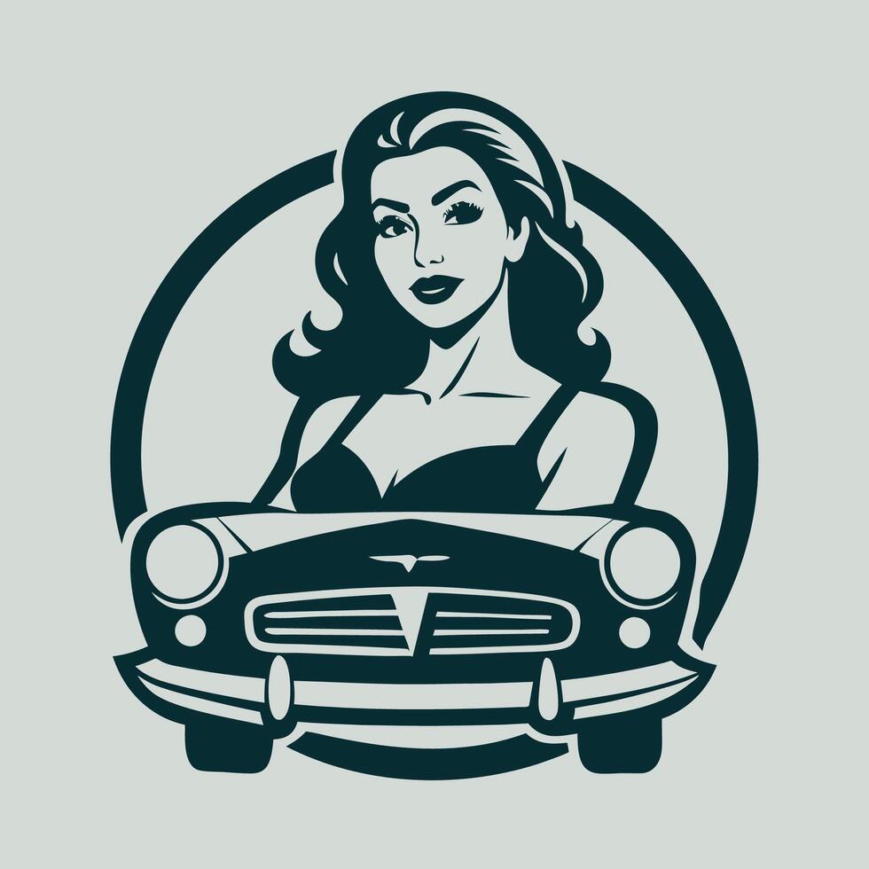 Vintage Glamour Woman Poses with Classic Car Logo vector