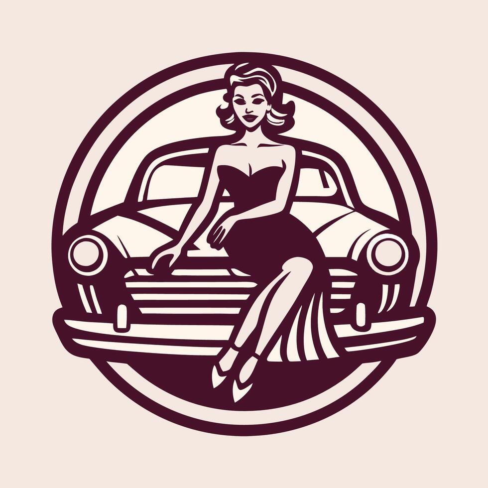 Elegant Woman Posing on Vintage Classic Car with Grace vector