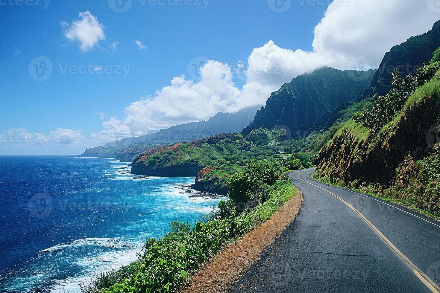 Beautiful route between the ocean and the mountains. Excellent landscape of the serpentine road running along the sea. Travel concept. photo
