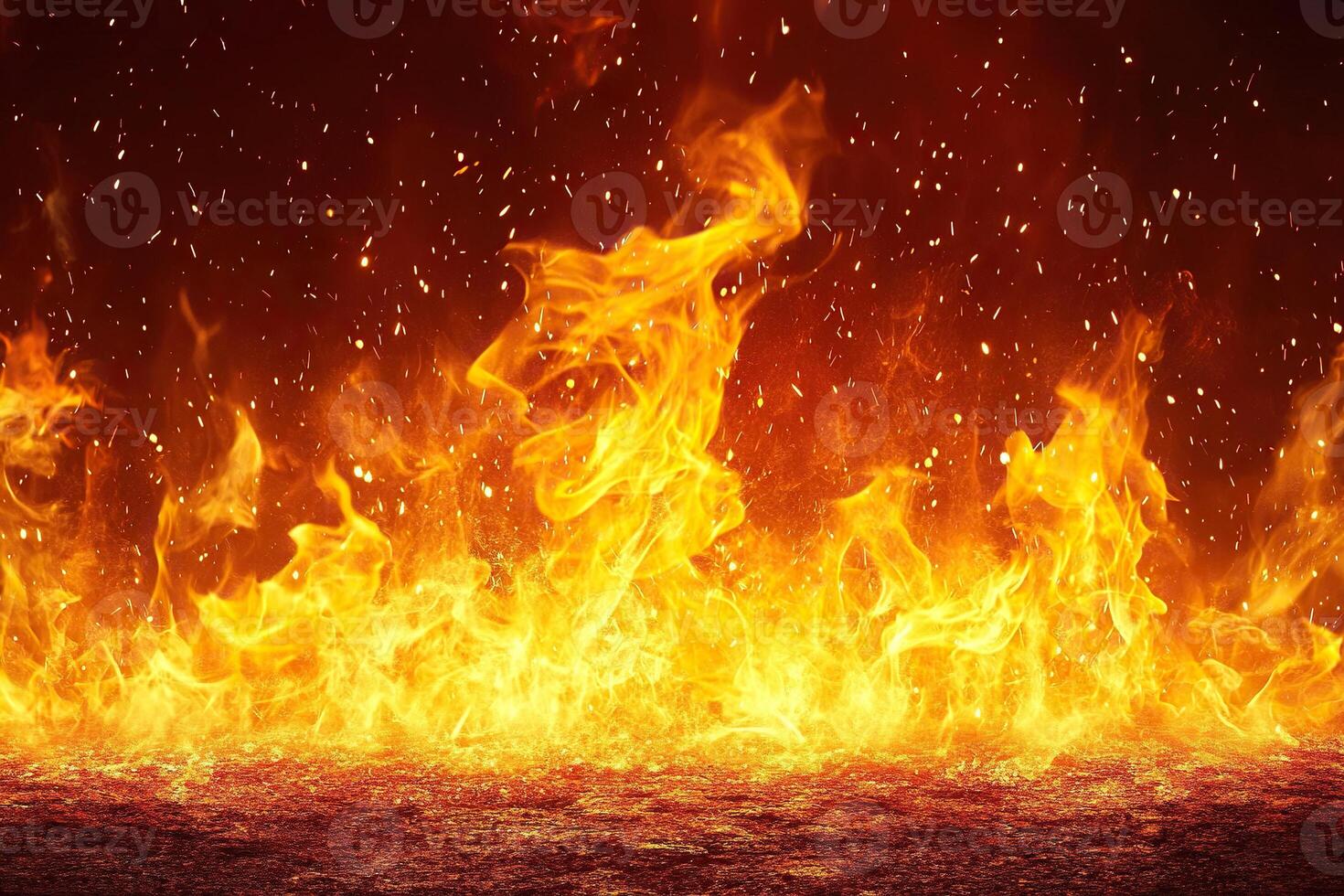 Background of bright fire flames with sparks. Generated by artificial intelligence photo