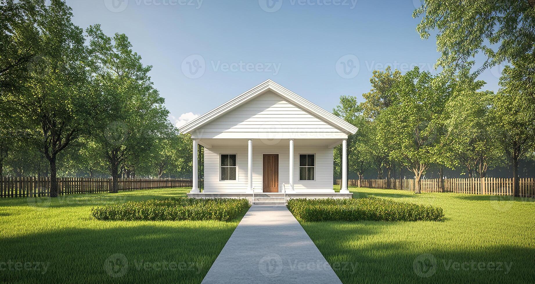 A one-story cottage nestled among the serene fruit trees of the garden. A peaceful retreat away from the hustle and bustle, surrounded by the greenery of nature. Generated by artificial intelligence photo