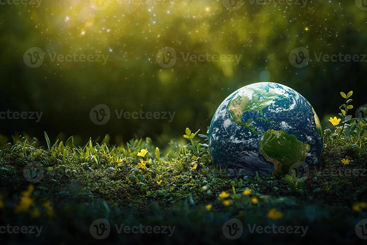 Model of the globe lies in green grass with green bokeh background. Environment and planet conservation concept. photo