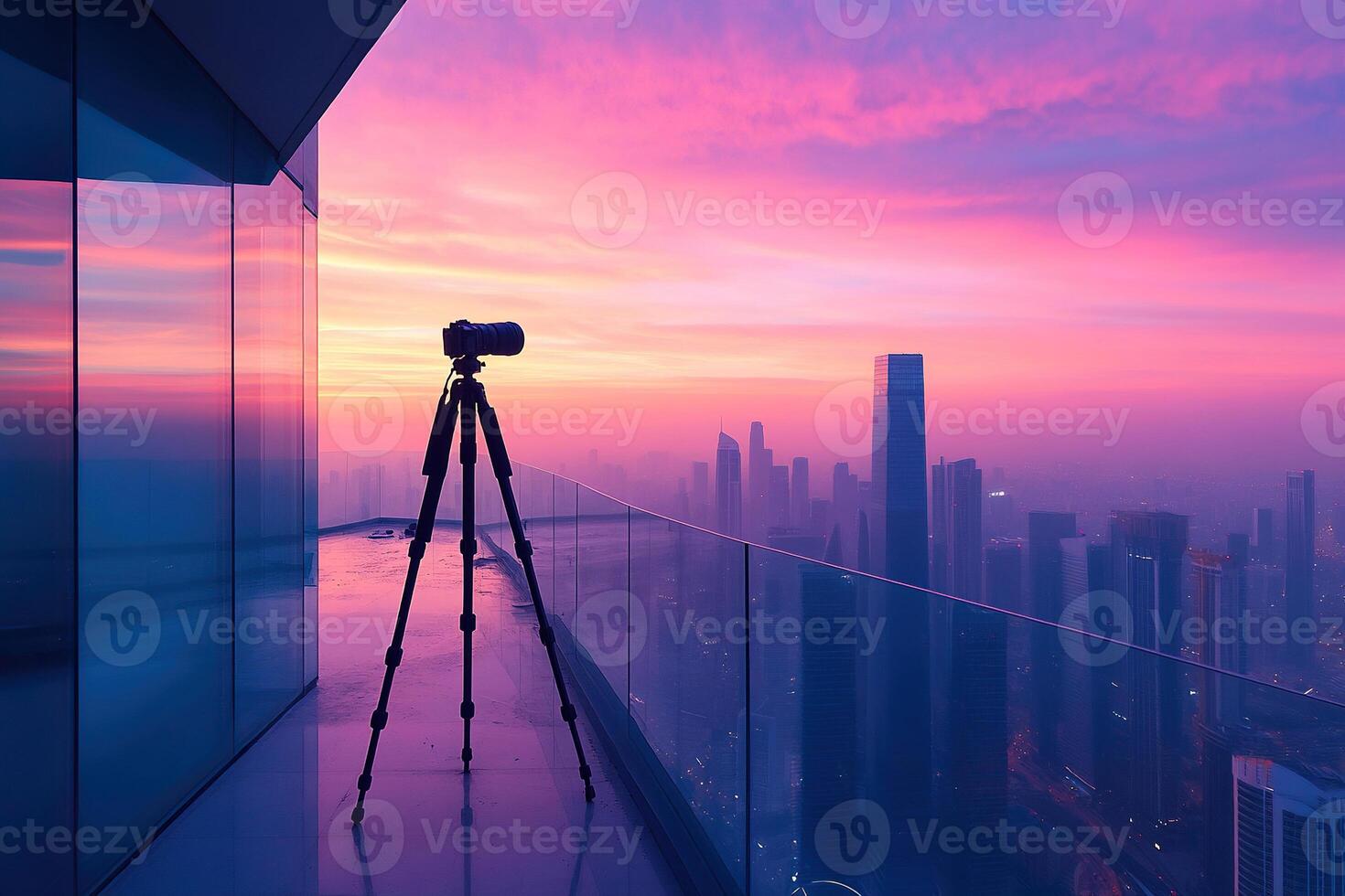 Shooting a panorama of a metropolis from a skyscraper balcony early in the morning. photo