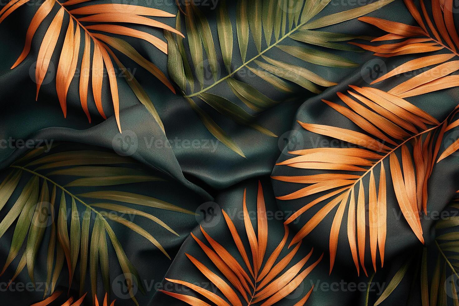 Background of black silk fabric with tropical leaves pattern. Generated by artificial intelligence photo