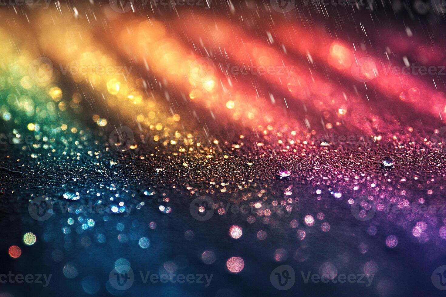 Abstract nature background with raindrops on wet asphalt in rainbow rays of light. Generated by artificial intelligence photo