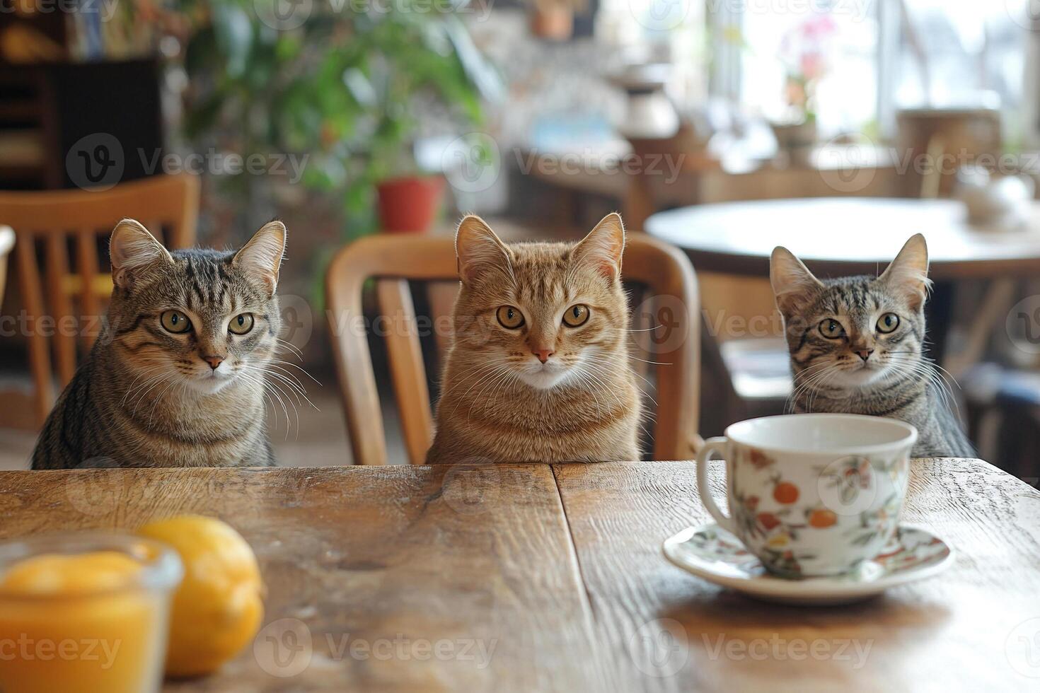 Three cats are sitting at a wooden table in a cafe. The cafe is animal-friendly. Generated by artificial intelligence photo