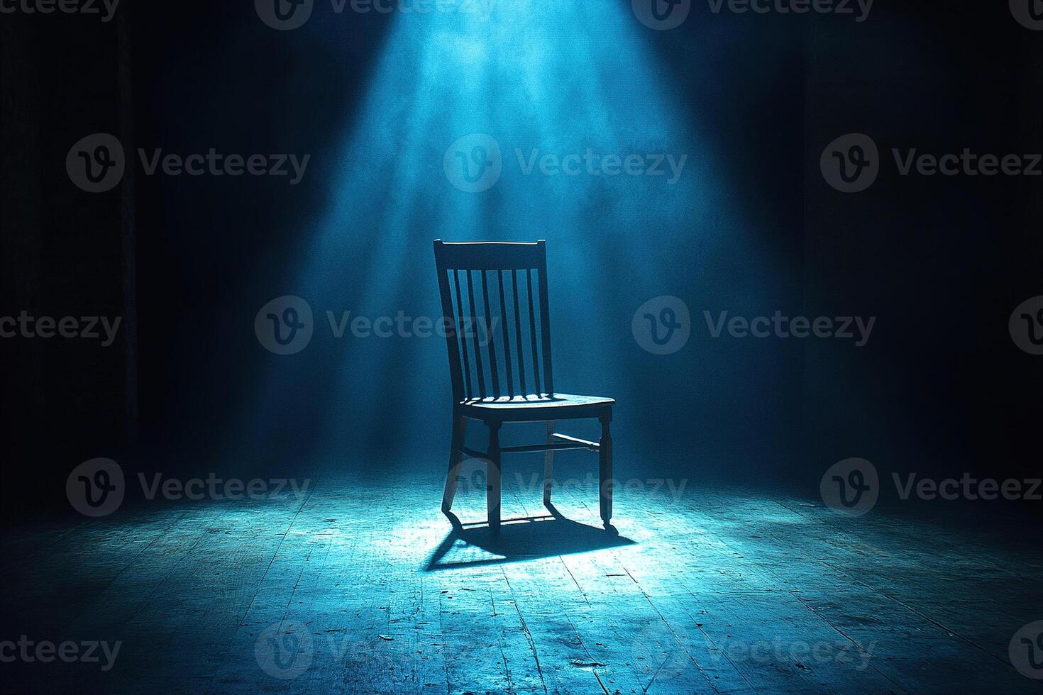An empty wooden chair is illuminated by a bright beam of light from above, located in an empty dark room. Generated by artificial intelligence photo