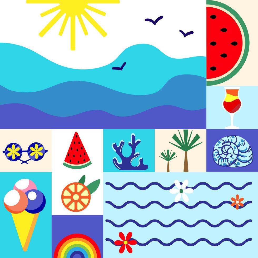 Colorful flat style summer collage with ocean waves sun tropical fruits ice cream palm trees cocktail coral rainbow,ideal for vacation posters kids designs travel ads and summer invitations. vector