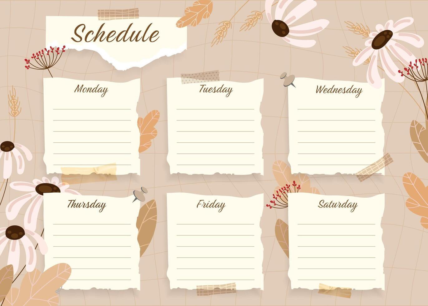 Weekly Schedule Planner template with torn paper sections for each day, with floral and leaf elements, ideal for personal organization, school planning,digital journaling.Vintage Weekly Planner. vector