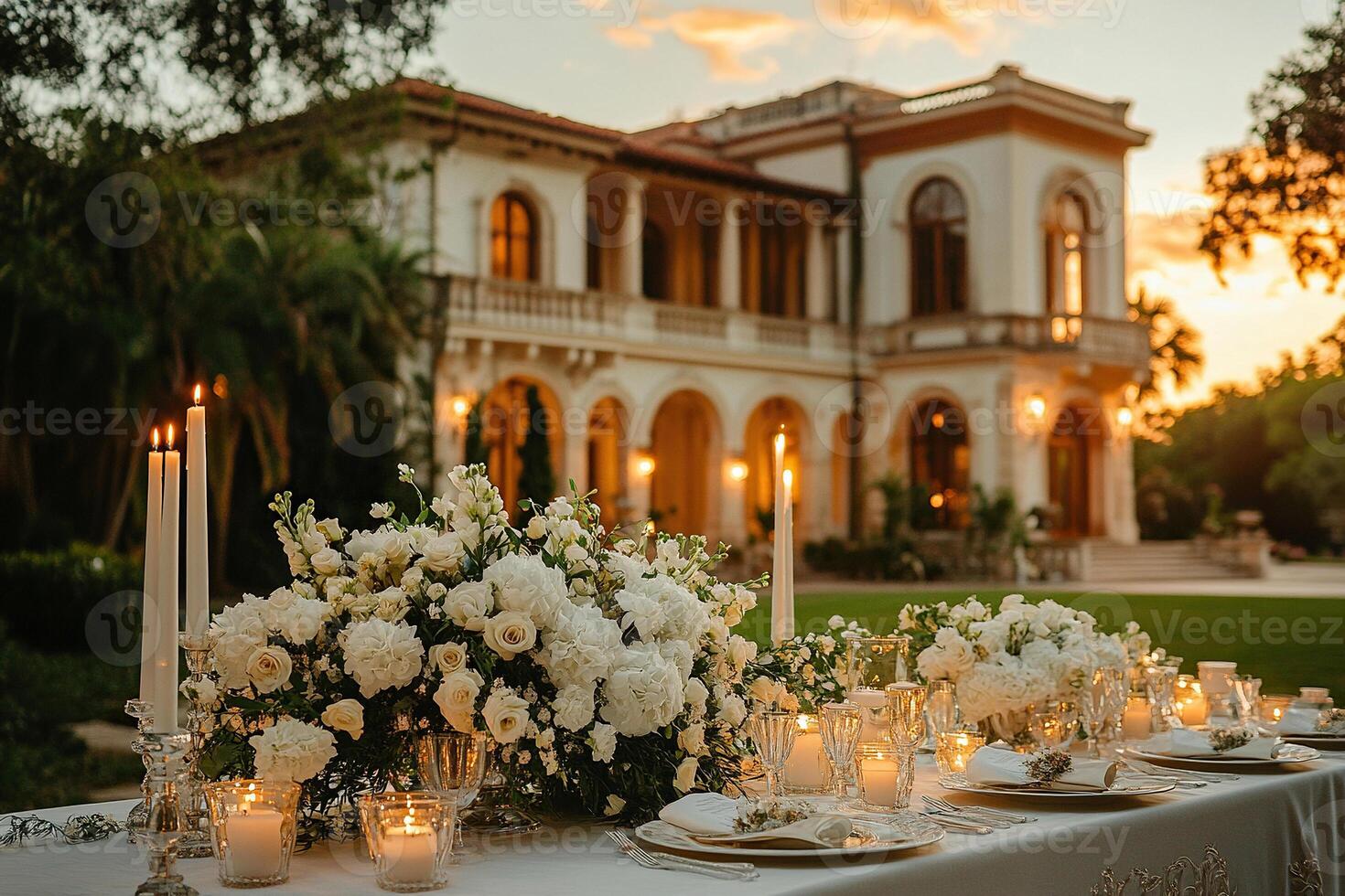 Wedding catering with white flowers and candles in front of an elegant mansion at sunset. The architecture of the house and the lush gardens create a romantic atmosphere to celebrate love. photo