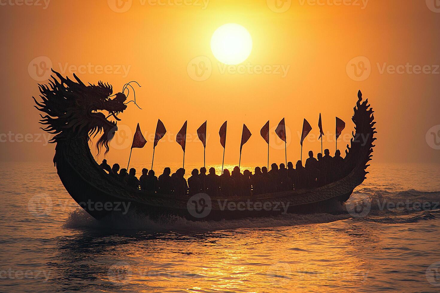 Silhouette of dragon boat with people and flags at sunset in the sea. Generated by artificial intelligence photo