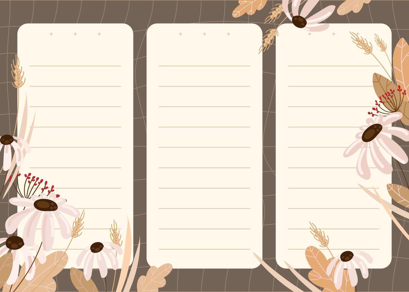 Editable notepad template with three lined sections and floral decorations on a neutral abstract grid background, ideal for to-do lists, planners, journaling, digital stationery. illustration vector