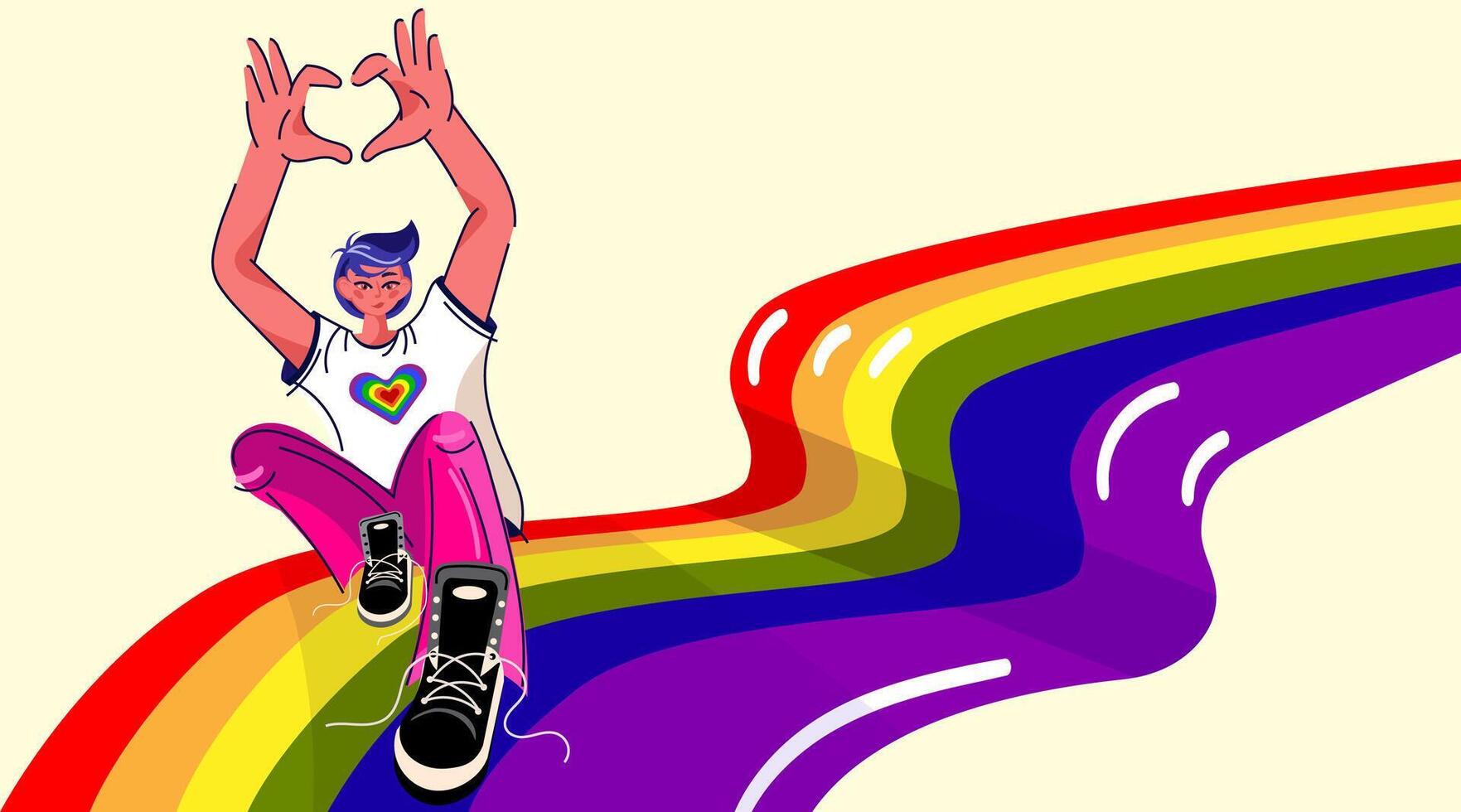 LGBTQ Person Making Heart Sign on Rainbow Slide.Pride Celebration Character Sliding on Rainbow Path. Pride event poster,web banner, social media, awareness campaigns,inclusive educational . vector