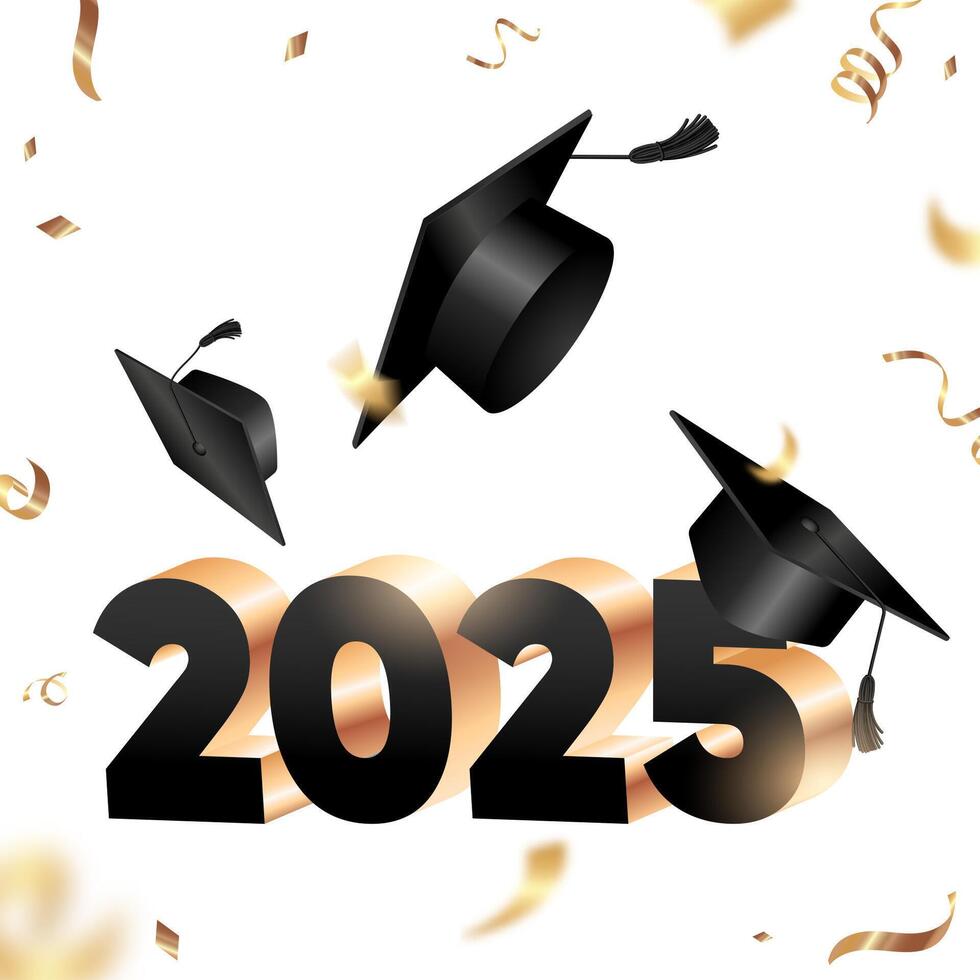 Graduation illustration 2025 3D text with flying black caps and gold confetti Realistic 3D , perfect for invitations, announcements, banners, digital graphics, and celebration materials vector