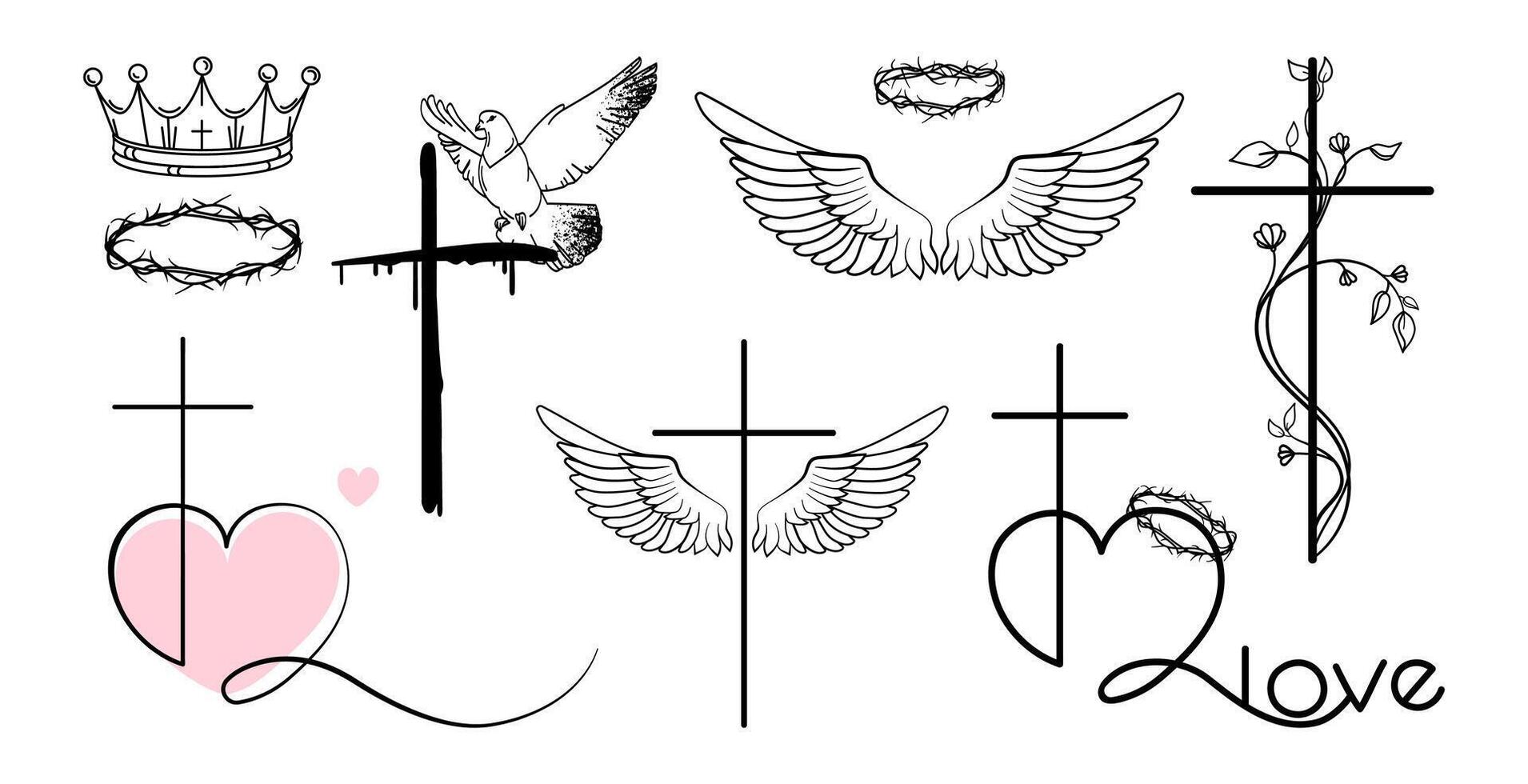 set with Christian cross designs with wings, crown of thorns, dove, heart, Line art , ideal for faith based designs, church graphics, inspirational content.Logo, icon, print, tattoo vector