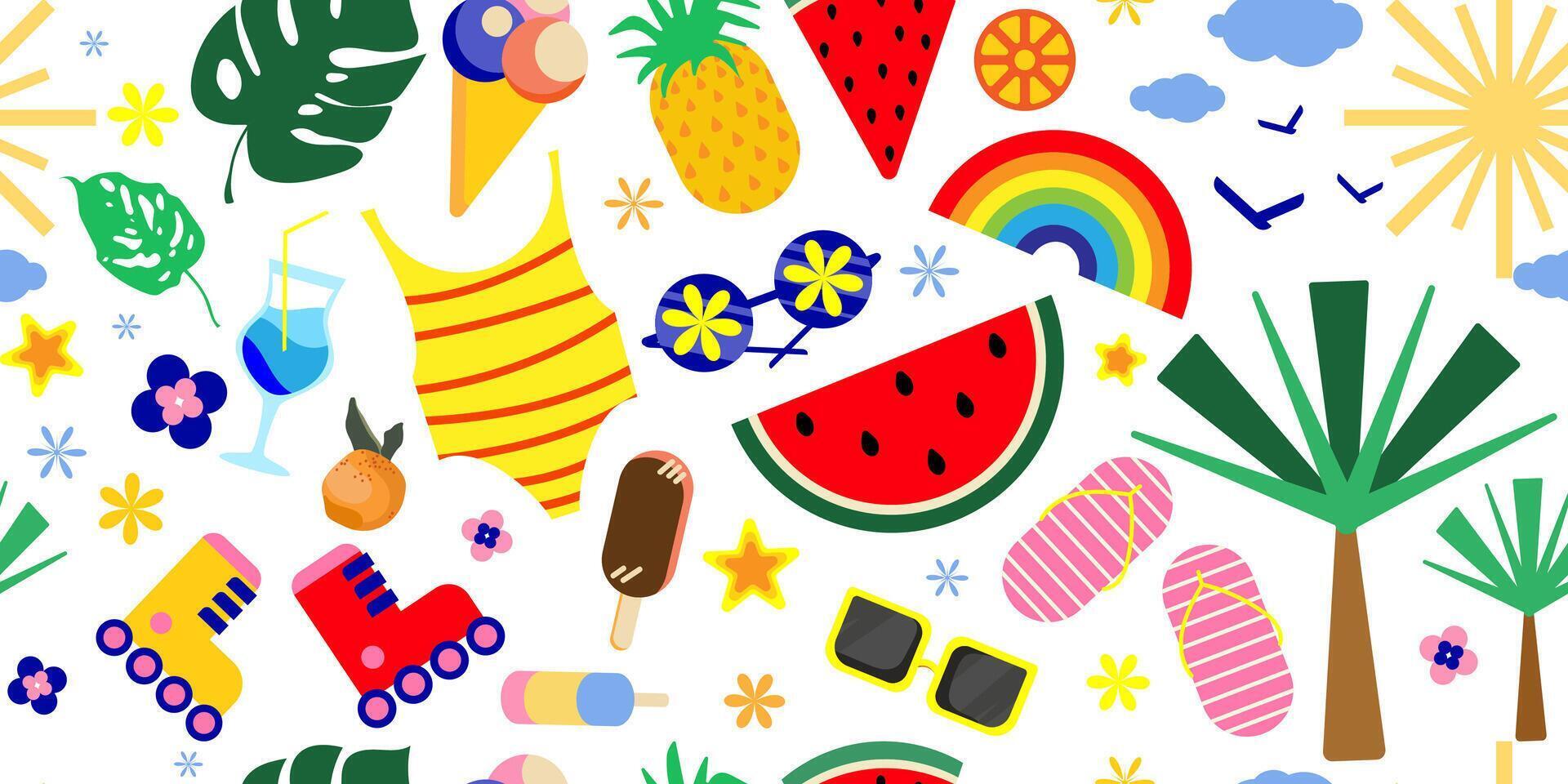 Seamless summer pattern with tropical fruits, swimwear, beach accessories, palm trees, sunny weather icons. Packaging, textiles, wrapping, digital backgrounds, seasonal marketing. illustration vector