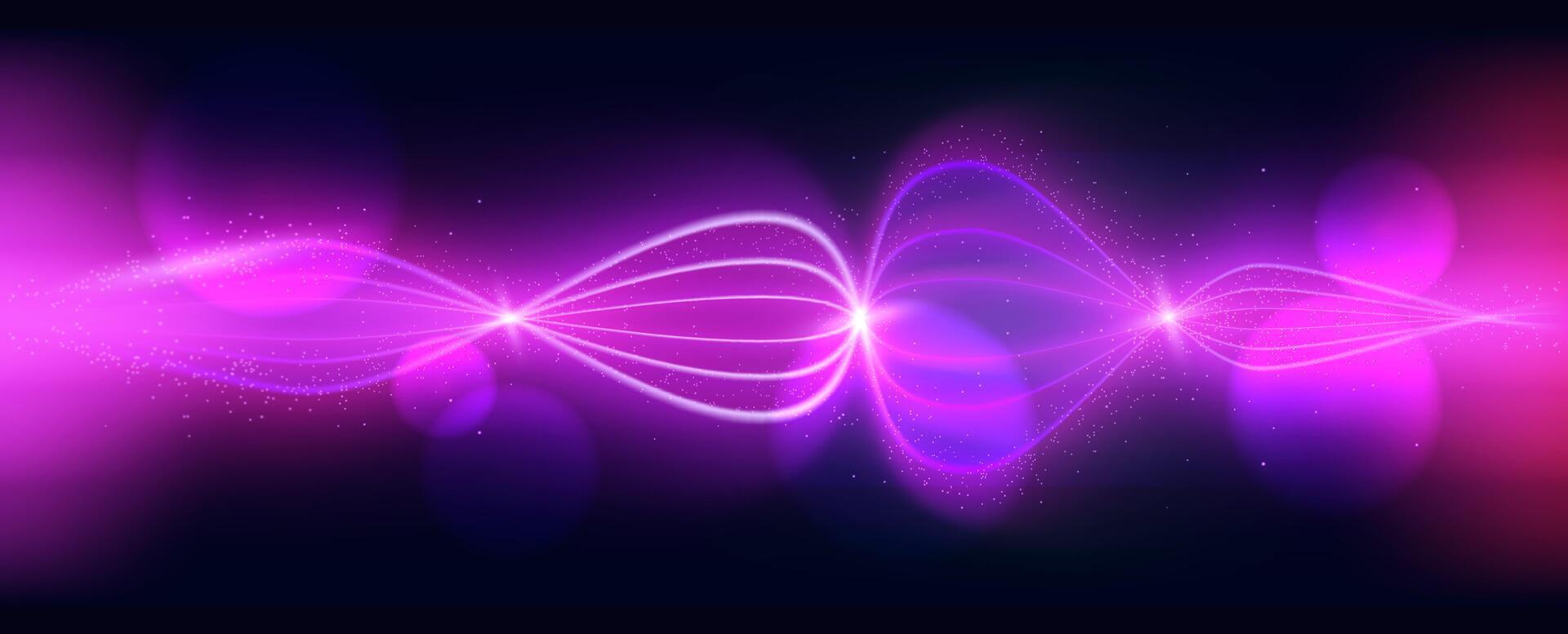 Abstract purple background with glowing lines of light curling with sequins and blinks sparse around with bokeh. Cosmic banner and cover. illustration. vector