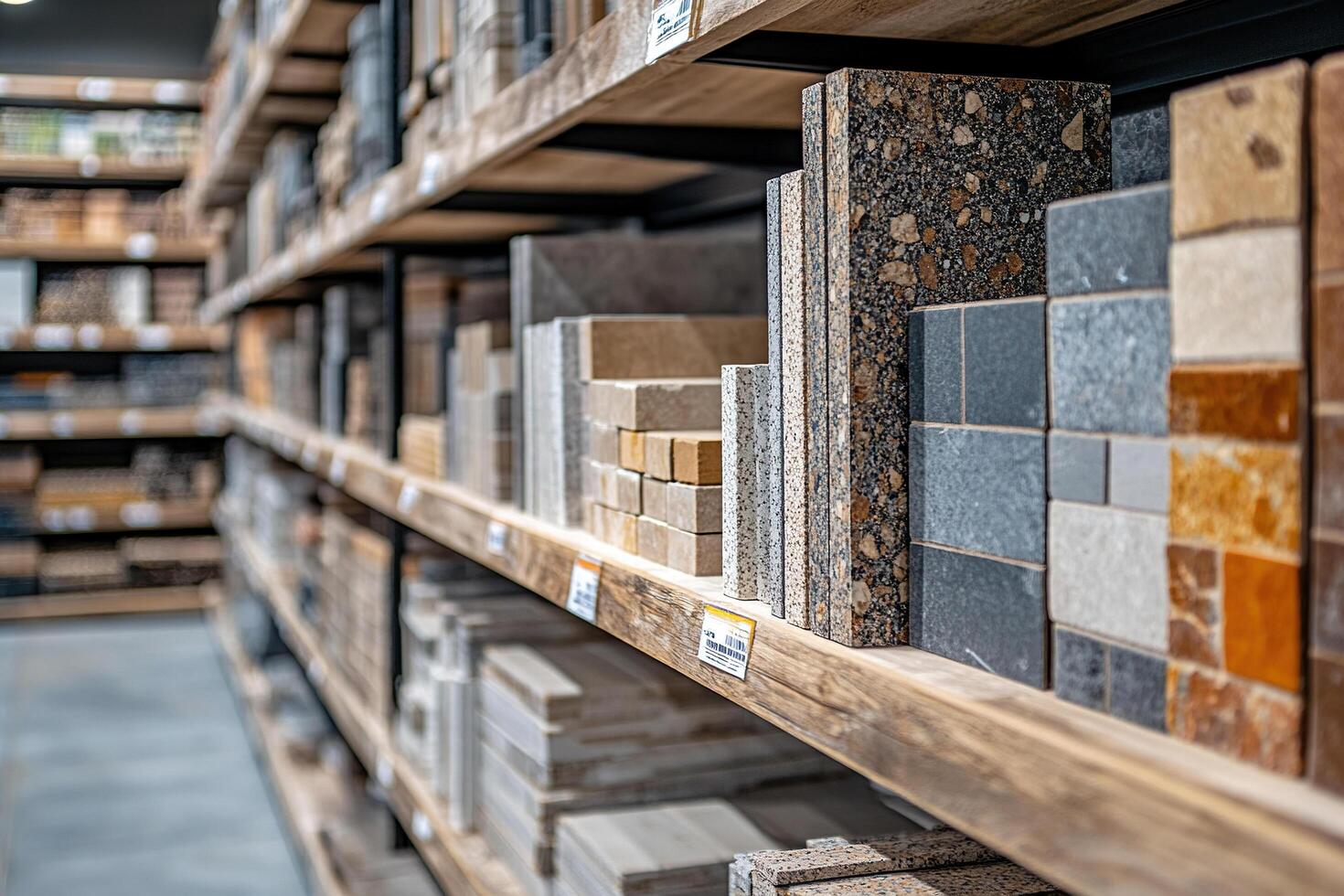 Wooden rack filled with finishing material made of stone and marble. Exhibition samples of tiles. Generated by artificial intelligence photo