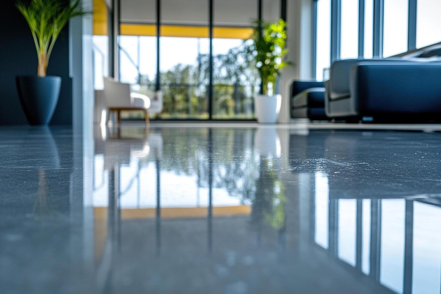 Reflection of the office hall interior on a clean marble floor. Blurred interior of an office hallway with large windows and comfortable chairs. photo
