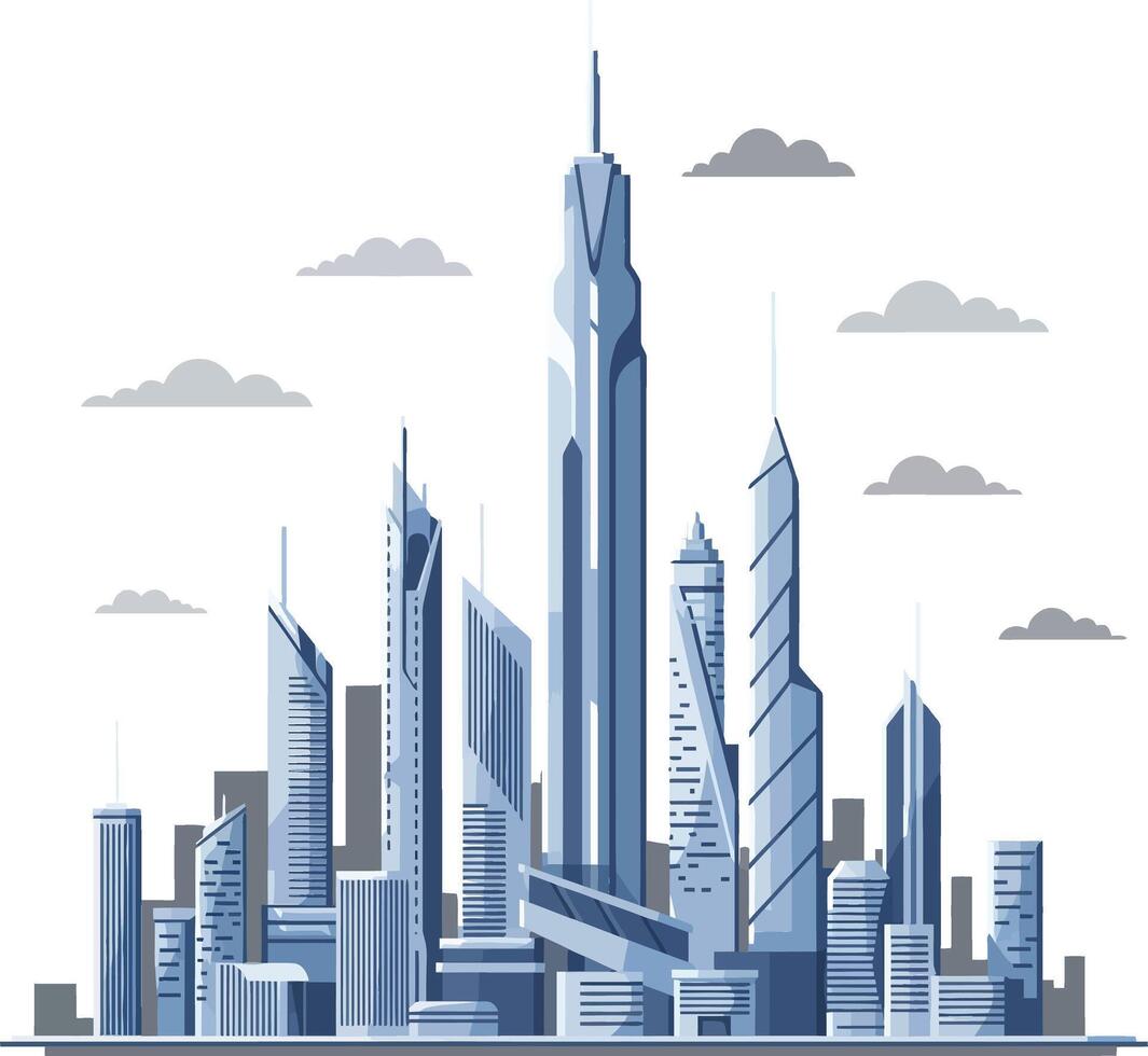 Modern city skyline featuring tall, sleek skyscrapers in a minimal design style showcasing urban life and innovation in art vector